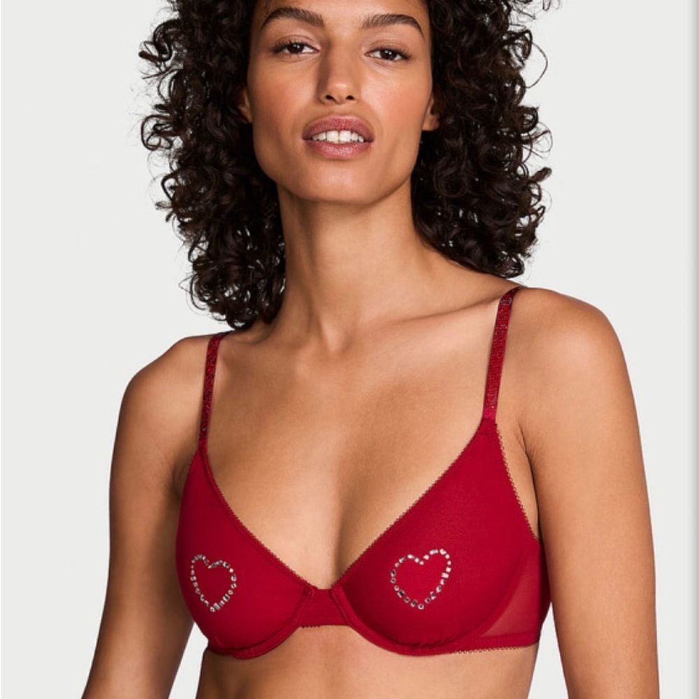 Victoria's Secret Red Rhinestone Heart Underwire Bra 34C